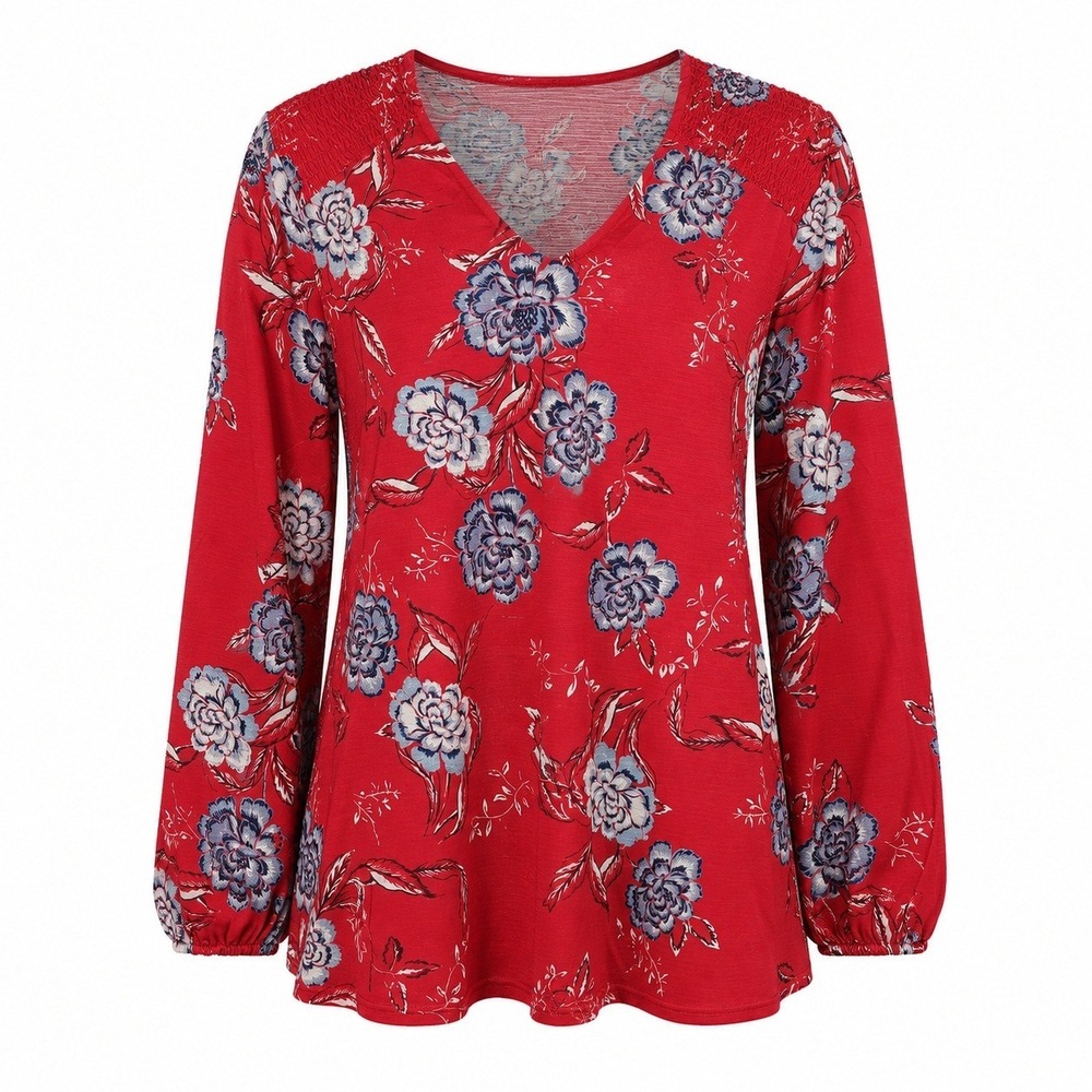 NEW Suzanne Betro Floral V-Neck Blouse Womens 2X Red Smocked Long Sleeve Top